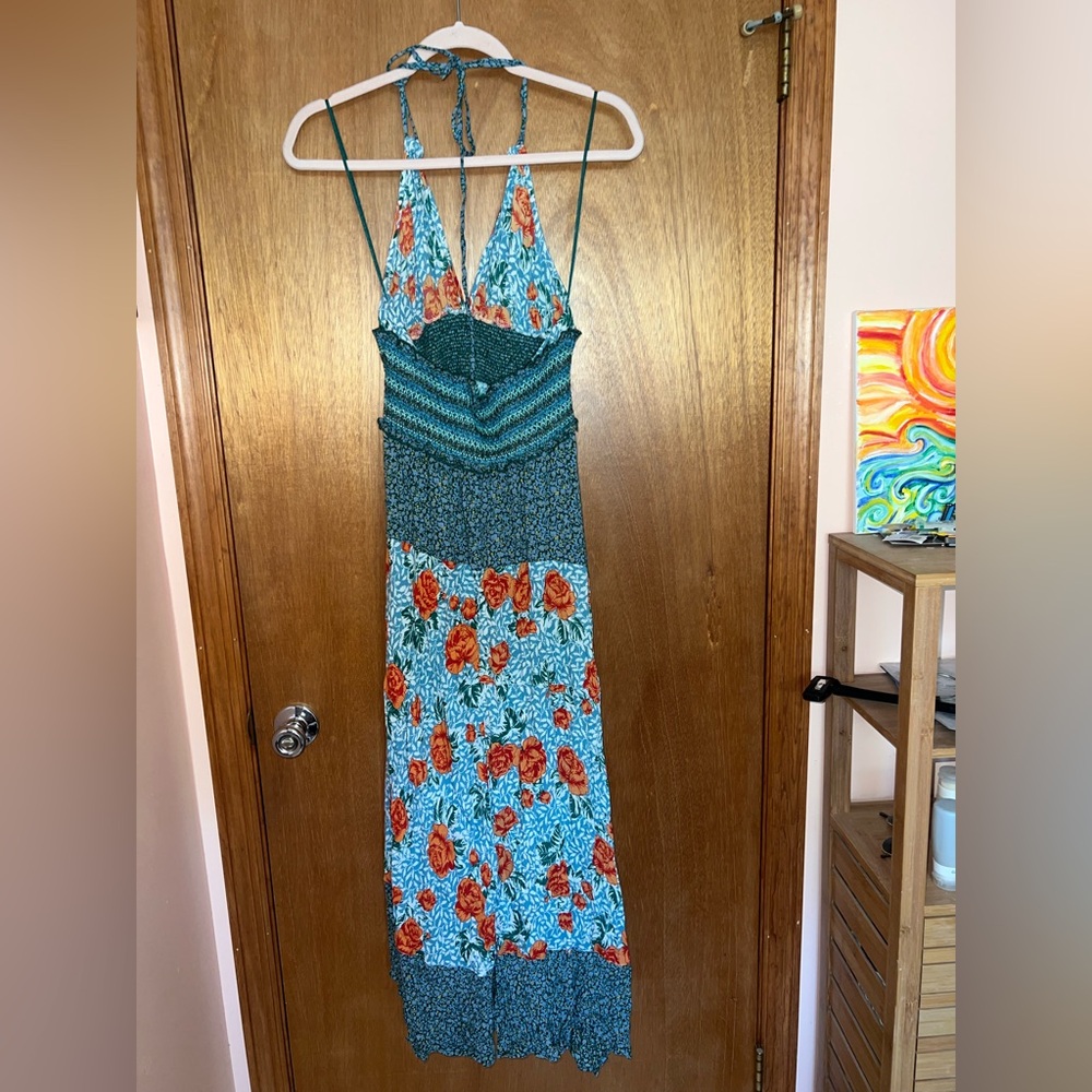 Free People Teal Floral Backless Halter Maxi Dress with Orange Roses - Picture 4 of 7